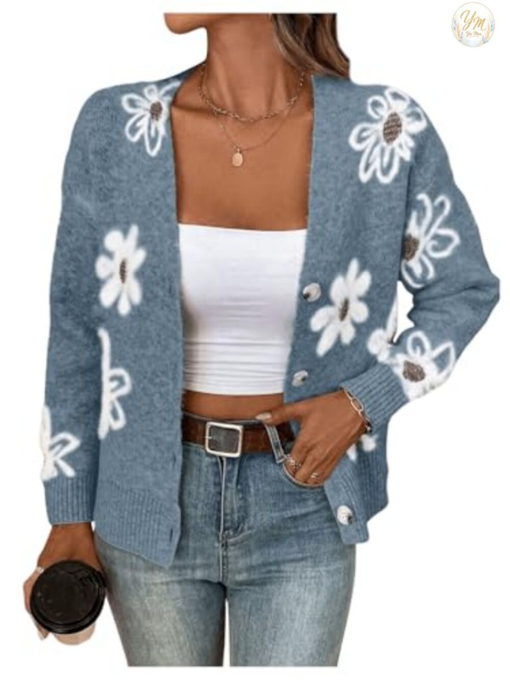 Women's Floral Cardigan Sweater Long Sleeve Button Down V-Neck Knit